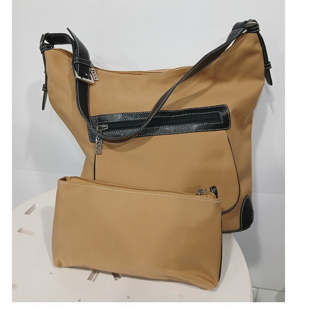 MAXX New York‎ Tan Nylon Hobo Purse With Matching Cosmetic Bag